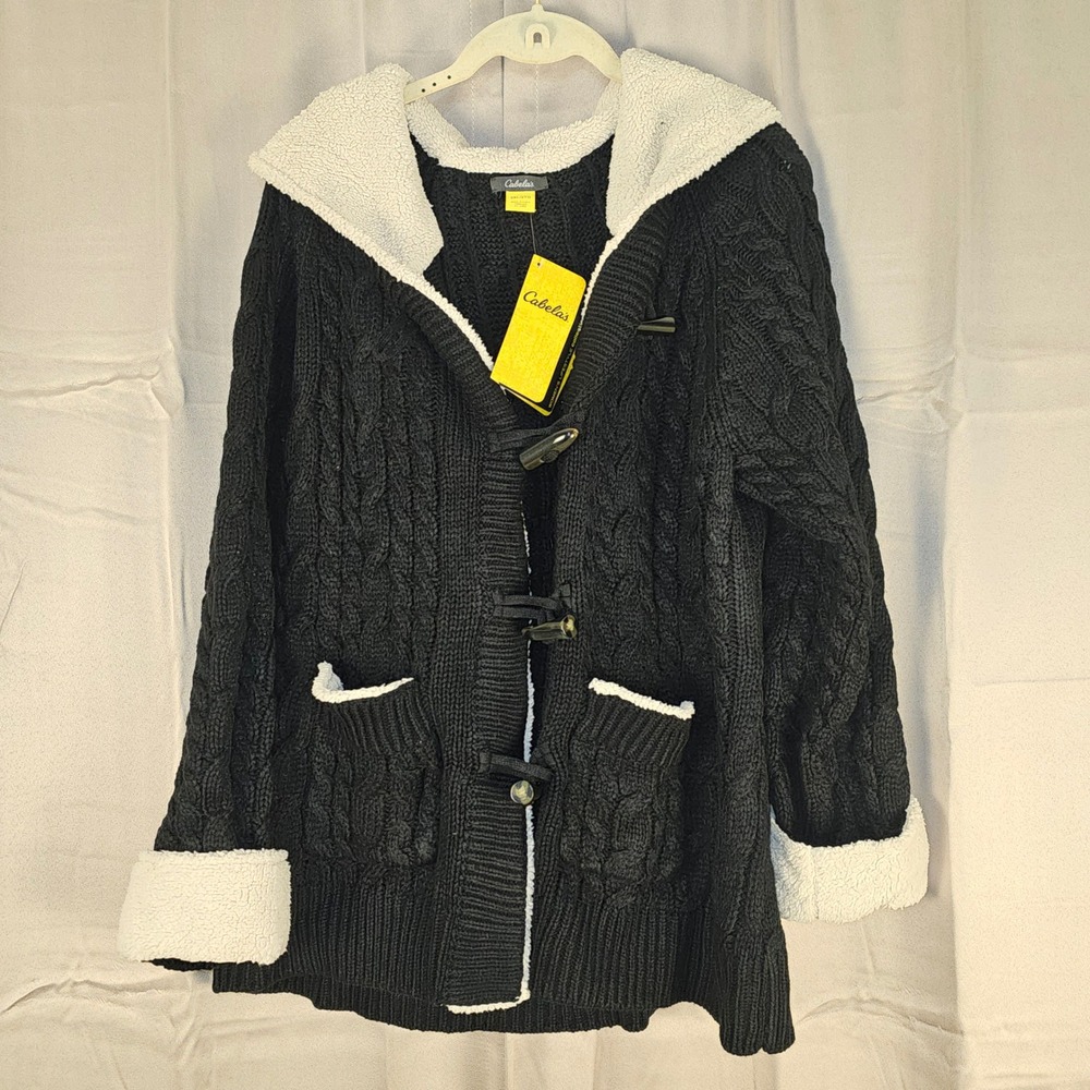 NWT Cabela's Womens‎ Black Hooded Deer Lodge Toggle Sweater Jacket 2XL